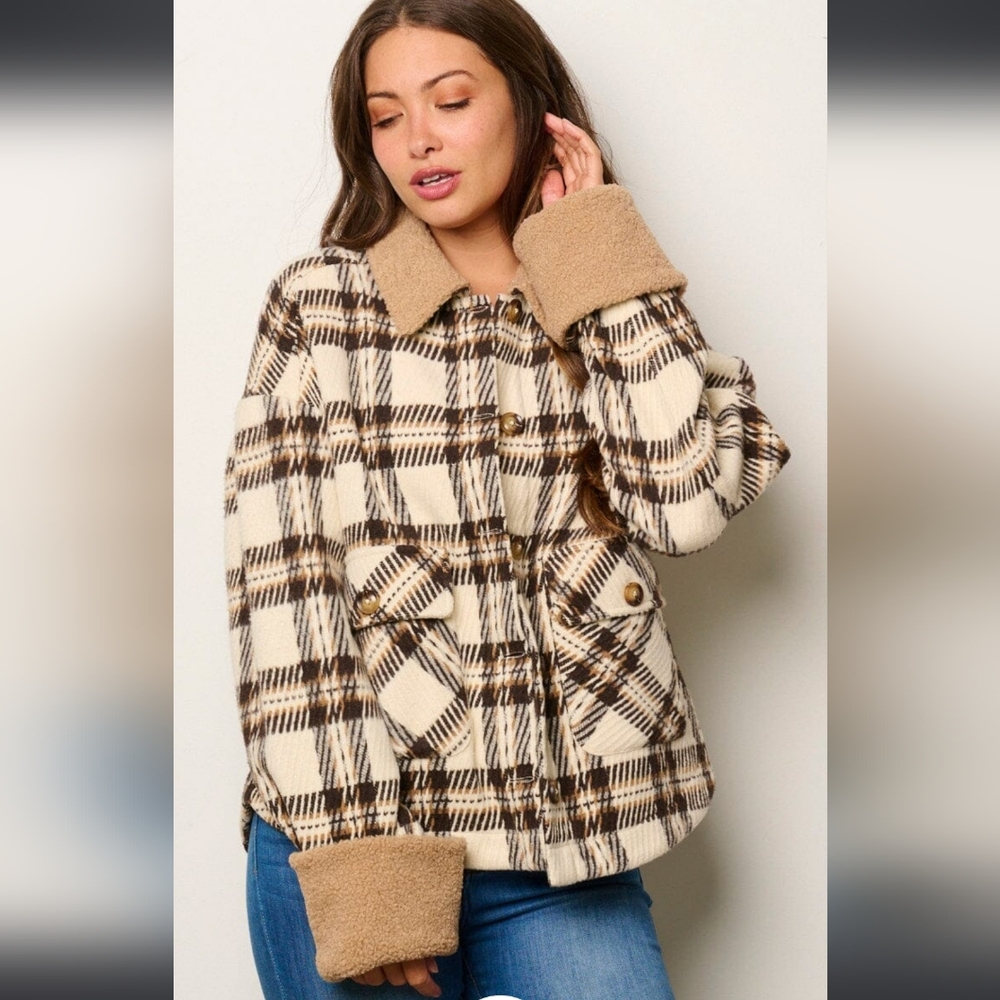 #32 🌸Women's Long Sleeve Button Up Pockets Sherpa Plaid Jacket